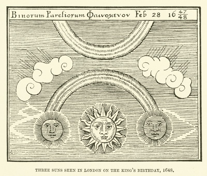 Drie zonnen gezien in Londen op de verjaardag van de koning, 1648 door English School