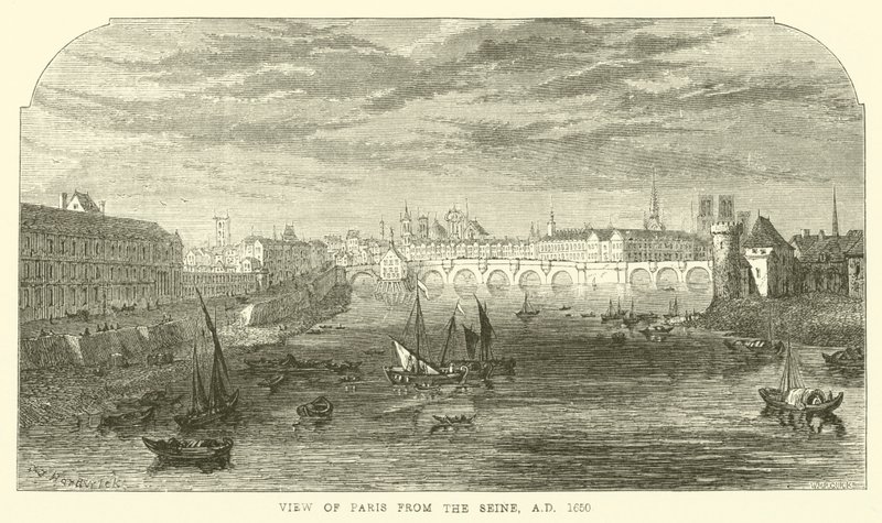 Uitzicht op Parijs vanaf de Seine, 1650 door English School