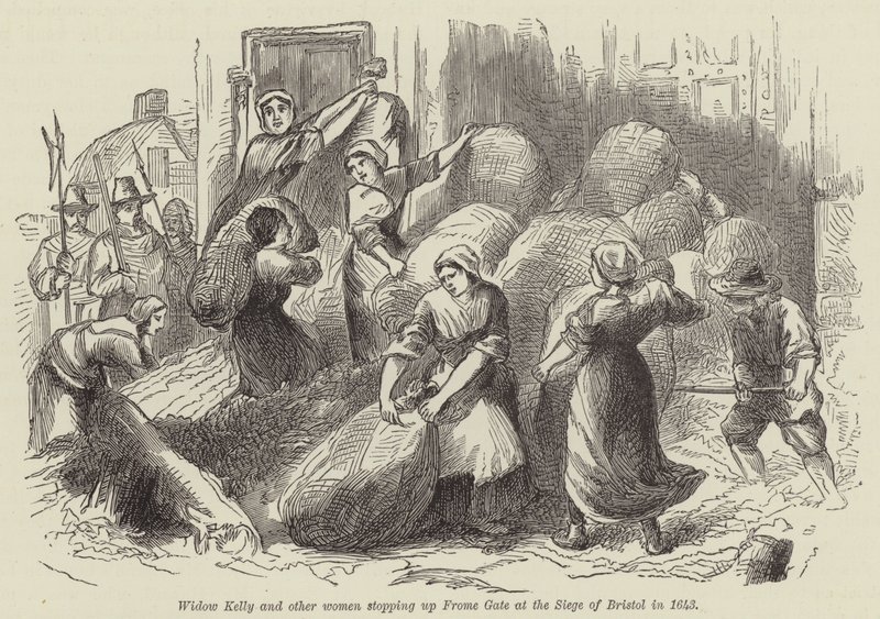 Weduwe Kelly en andere vrouwen die Frome Gate blokkeren tijdens het beleg van Bristol in 1643 door English School