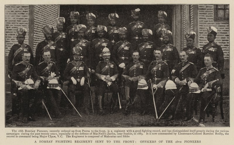 Een vechtregiment uit Bombay naar het front gestuurd, officieren van de 28e pioniers door English Photographer