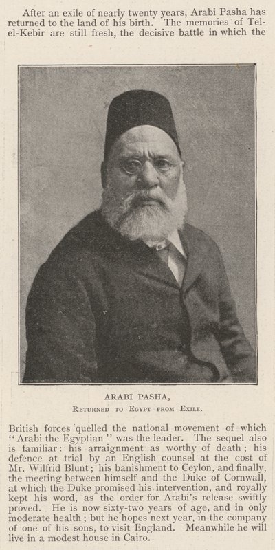 Arabi Pasha, teruggekeerd naar Egypte uit Ballingschap door English Photographer