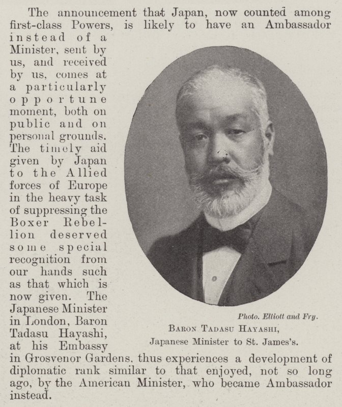 Baron Tadasu Hayashi, Japanse minister in St. James door English Photographer