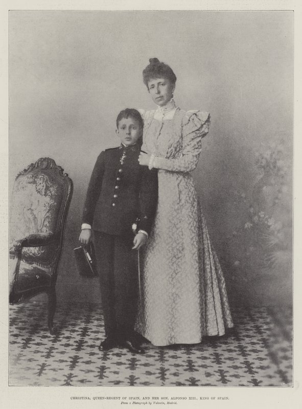 Christina, koningin-regentes van Spanje, en haar zoon, Alfonso XIII, koning van Spanje door English Photographer