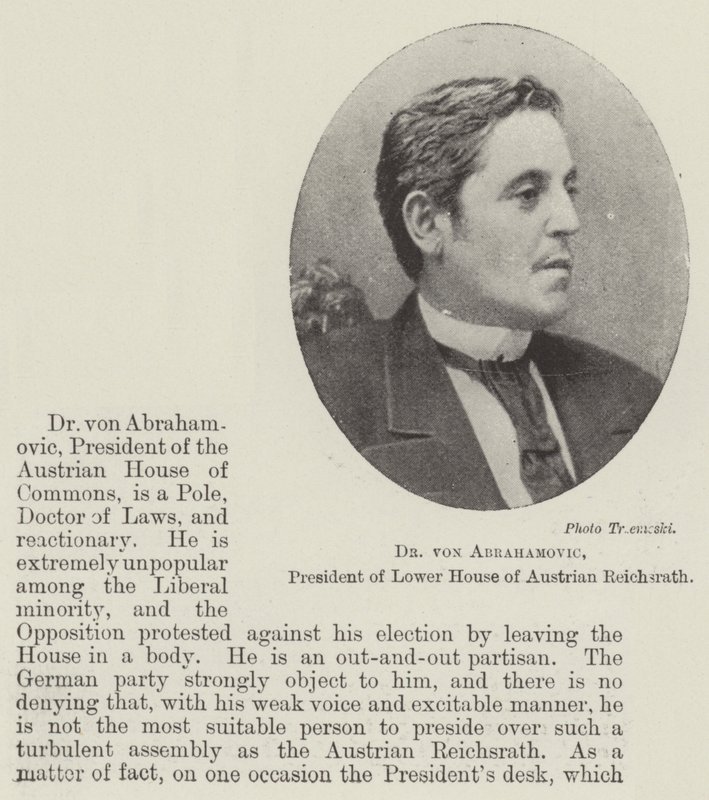Dr. von Abrahamovic, voorzitter van het lagerhuis van de Oostenrijkse Reichsrath door English Photographer