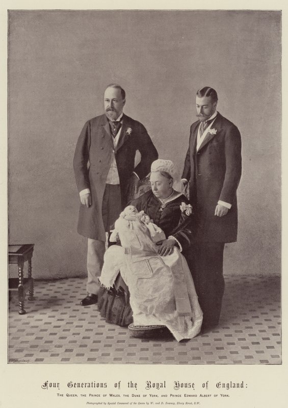 Vier generaties van het koninklijk huis van Engeland, de koningin, de prins van Wales, de hertog van York en prins Edward Albert van York door English Photographer