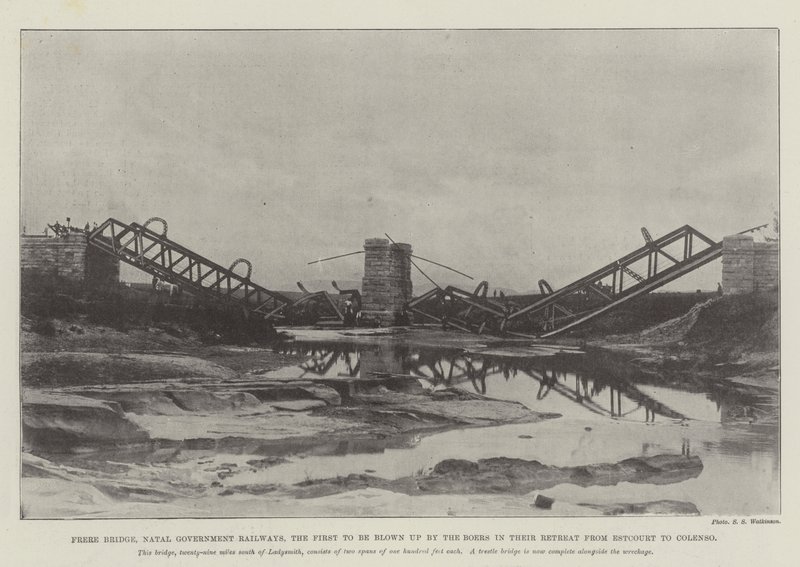 Frere Bridge, Natal Government Railways, de eerste die werd opgeblazen door de Boeren tijdens hun terugtocht van Estcourt naar Colenso door English Photographer