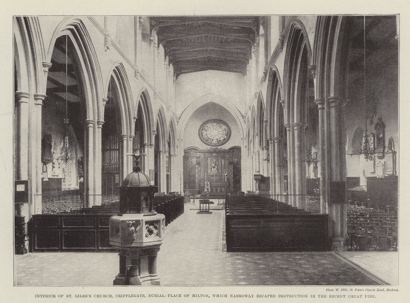 Interieur van St Giles Kerk, Cripplegate, begraafplaats van Milton, die ternauwernood ontsnapte aan vernietiging in de recente grote brand door English Photographer