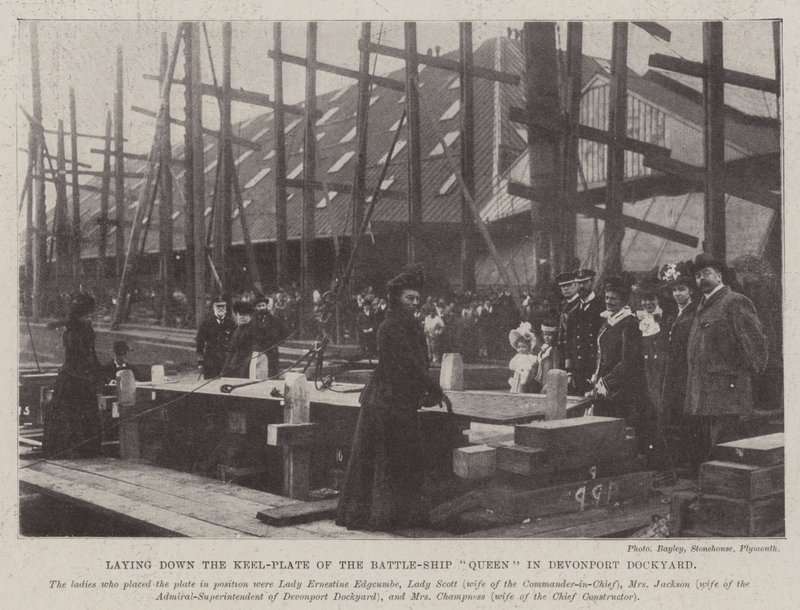 Het Leggen van de Kielplaat van het Slagschip Queen in de Scheepswerf van Devonport door English Photographer