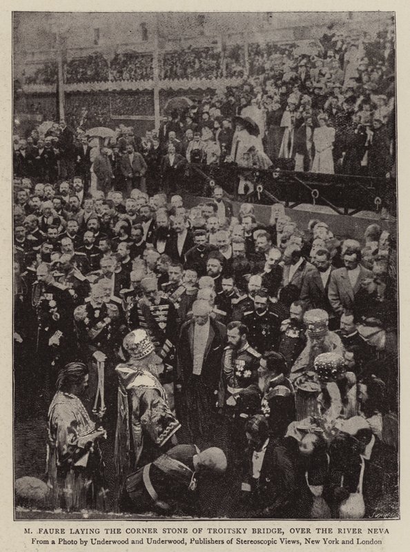 M. Faure legt de eerste steen van de Troitsky-brug over de rivier de Neva door English Photographer