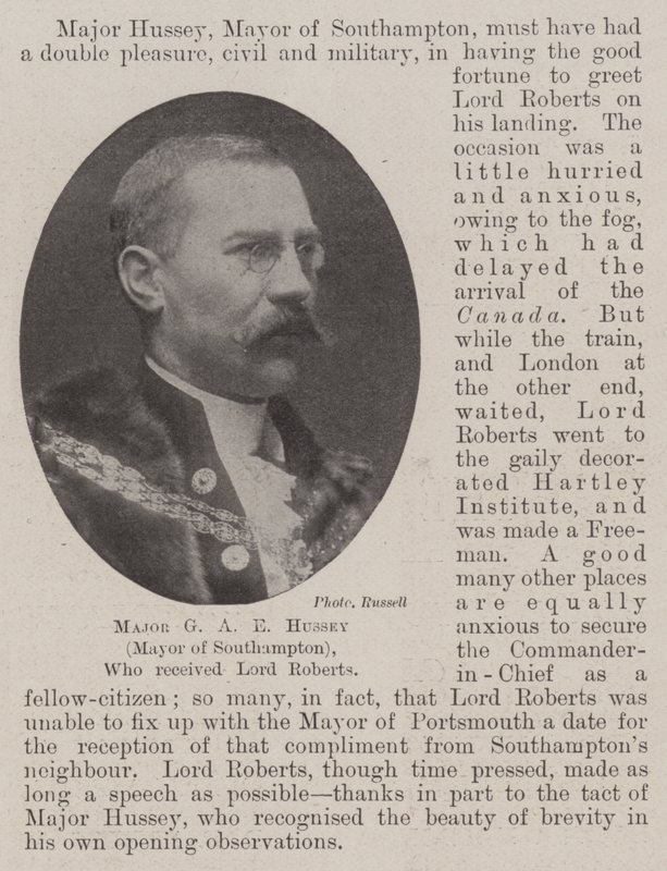 Majoor G A E Hussey (burgemeester van Southampton), die Lord Roberts ontving door English Photographer