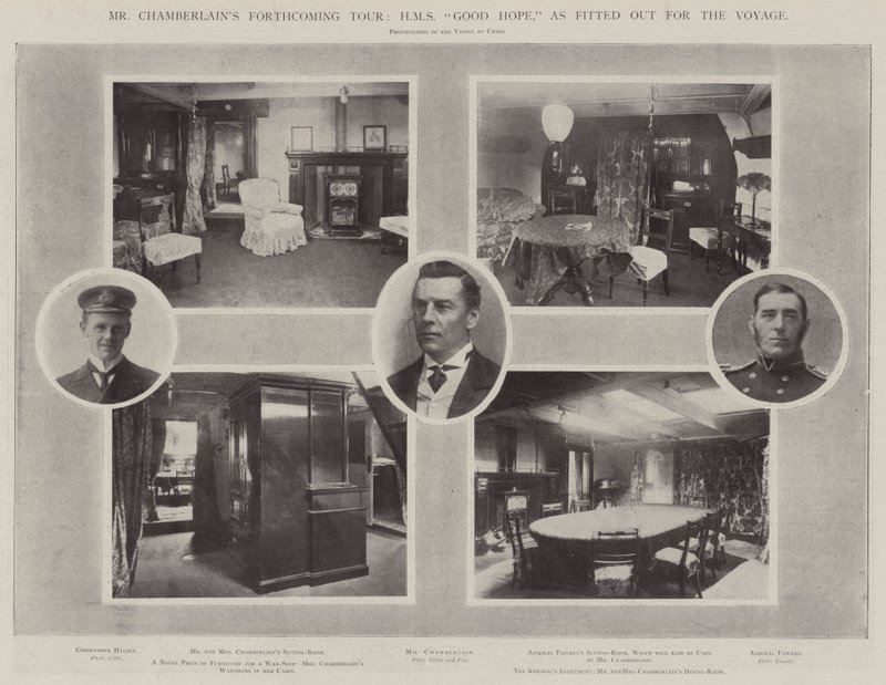 De Aankomende Tour van Mr Chamberlain, HMS Good Hope, uitgerust voor de Reis door English Photographer