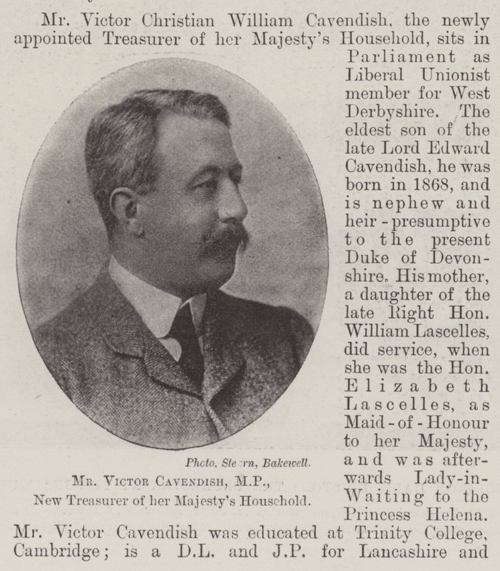 Mr Victor Cavendish, MP, nieuwe penningmeester van het huishouden van Hare Majesteit door English Photographer