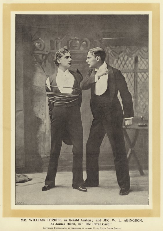 Mr William Terriss als Gerald Austen en Mr W L Abingdon als James Dixon in The Fatal Card door English Photographer