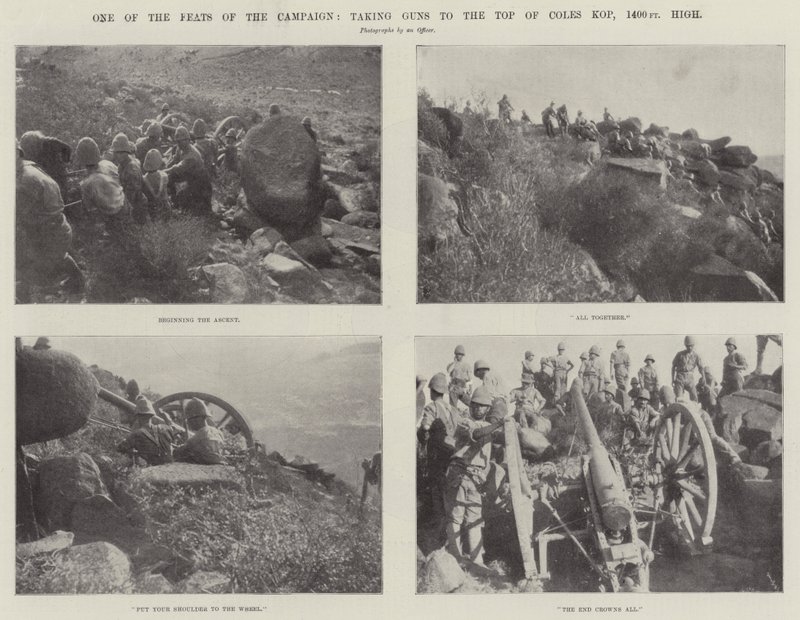 Een van de prestaties van de campagne, kanonnen naar de top van Coles Kop brengen, 1400 voet hoog door English Photographer