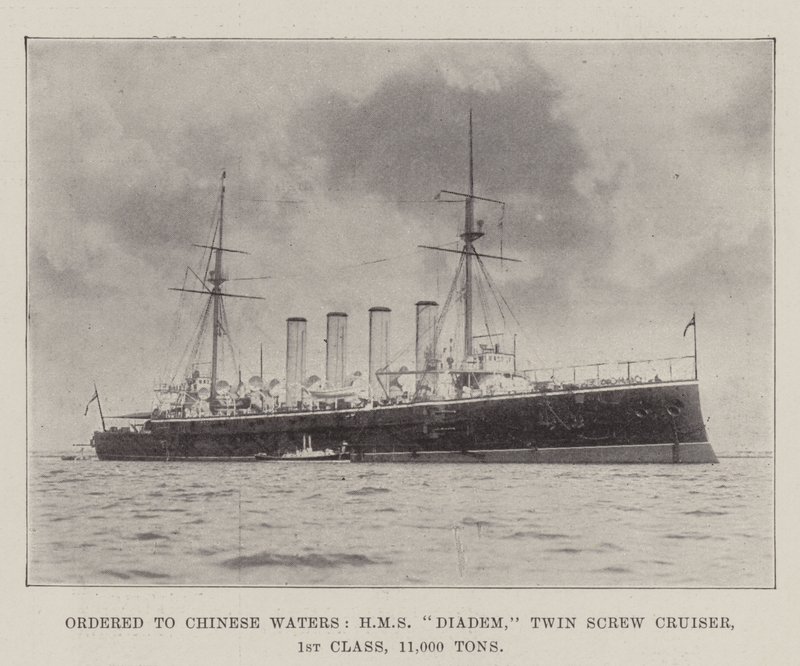 Op weg naar Chinese wateren, HMS Diadem, tweeschroefkruiser, 1e klasse, 11.000 ton door English Photographer
