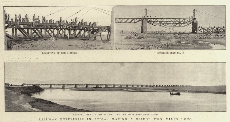 Spoorwegonderneming in India, het bouwen van een brug van twee mijl lang door English Photographer