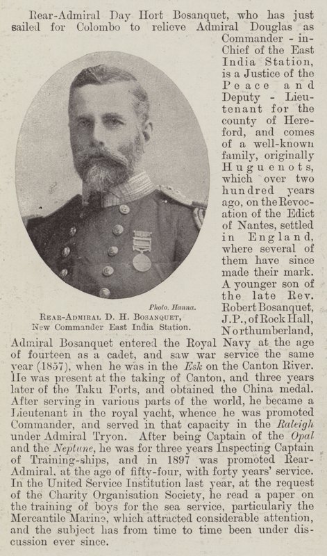 Vice-admiraal D H Bosanquet, nieuwe commandant Oost-Indië Station door English Photographer