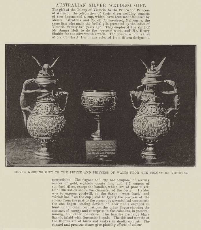 Zilveren huwelijksgeschenk aan de prins en prinses van Wales van de kolonie Victoria door English Photographer