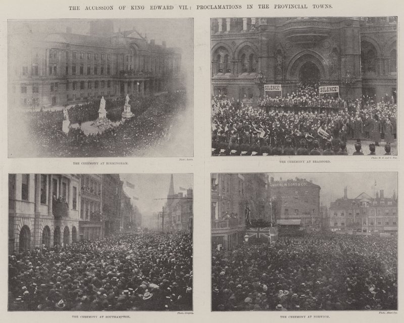 De troonsbestijging van koning Edward VII, proclamaties in de provinciale steden door English Photographer