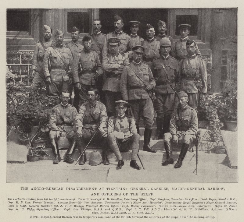 Het Anglo-Russische meningsverschil in Tientsin, generaal Gaselee, generaal-majoor Barrow en officieren van de staf door English Photographer