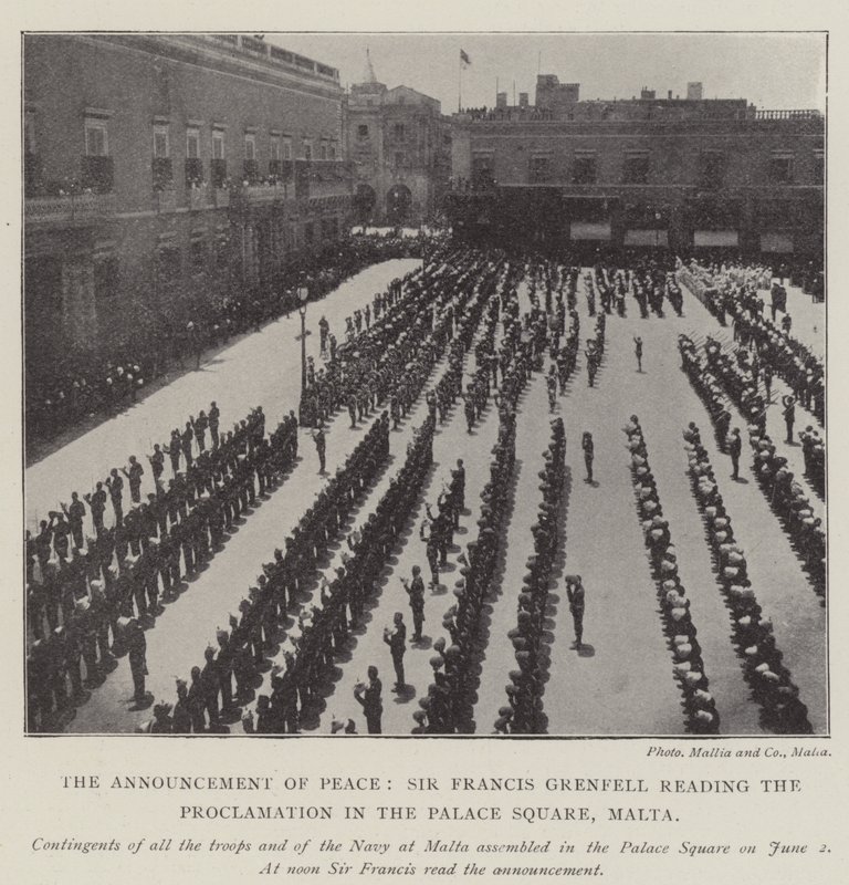 De Aankondiging van Vrede, Sir Francis Grenfell leest de Proclamatie voor op het Paleisplein, Malta door English Photographer