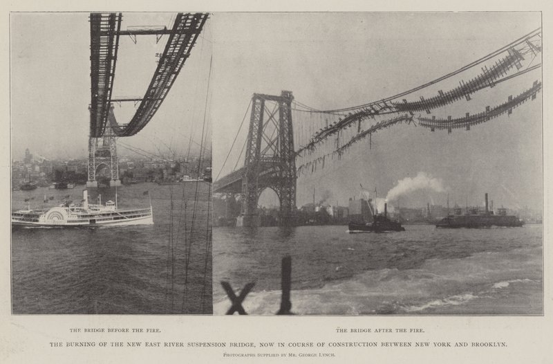 De Brand van de Nieuwe East River Hangbrug, nu in Aanbouw tussen New York en Brooklyn door English Photographer