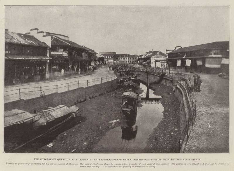 De Concessiekwestie in Shanghai, de Yang-King-Pang Kreek, die Franse van Britse Nederzettingen Scheidt door English Photographer
