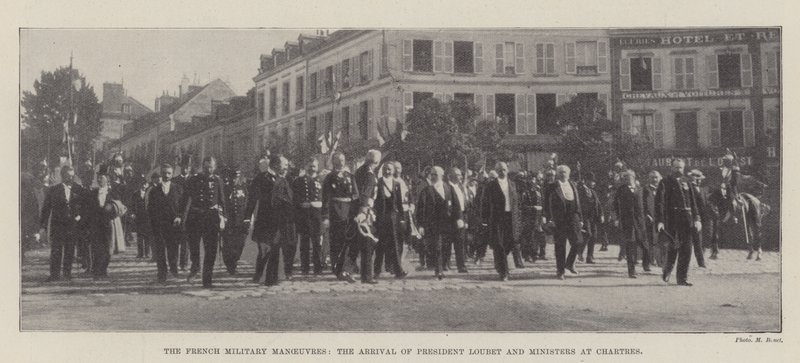 De Franse militaire manoeuvres, de aankomst van president Loubet en ministers in Chartres door English Photographer