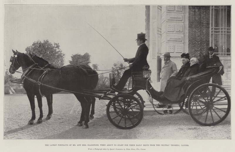 De nieuwste portretten van de heer en mevrouw Gladstone, wanneer ze op het punt staan te vertrekken voor hun dagelijkse rit vanuit het Chateau Thorenc, Cannes door English Photographer