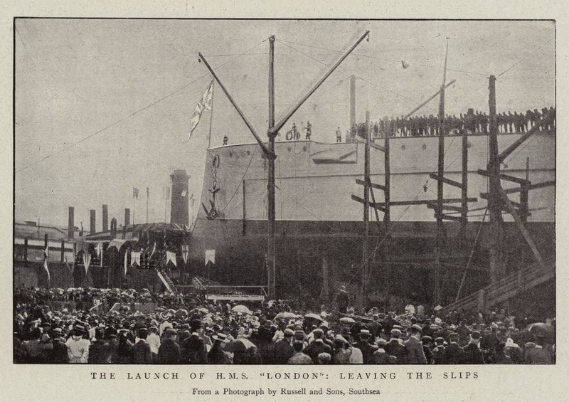 De tewaterlating van H.M.S. London, het verlaten van de hellingen door English Photographer