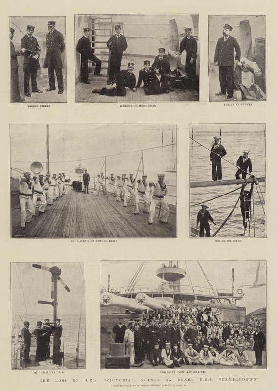 Het verlies van HMS Victoria, scènes aan boord van HMS Camperdown door English Photographer