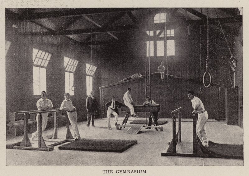 De nieuwe gebouwen van Kings College School op Wimbledon Common, de gymzaal door English Photographer