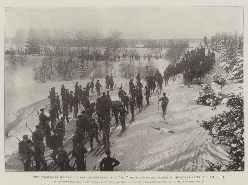 De Noorse winter militaire manoeuvres, het ski-detachement keert terug naar de kwartieren na een schijngevecht door English Photographer