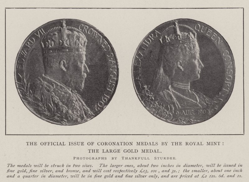 De officiële uitgifte van kroningsmedailles door de Koninklijke Munt, de grote gouden medaille door English Photographer