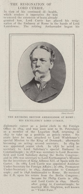 De aftredende Britse ambassadeur in Rome, Zijne Excellentie Lord Currie door English Photographer