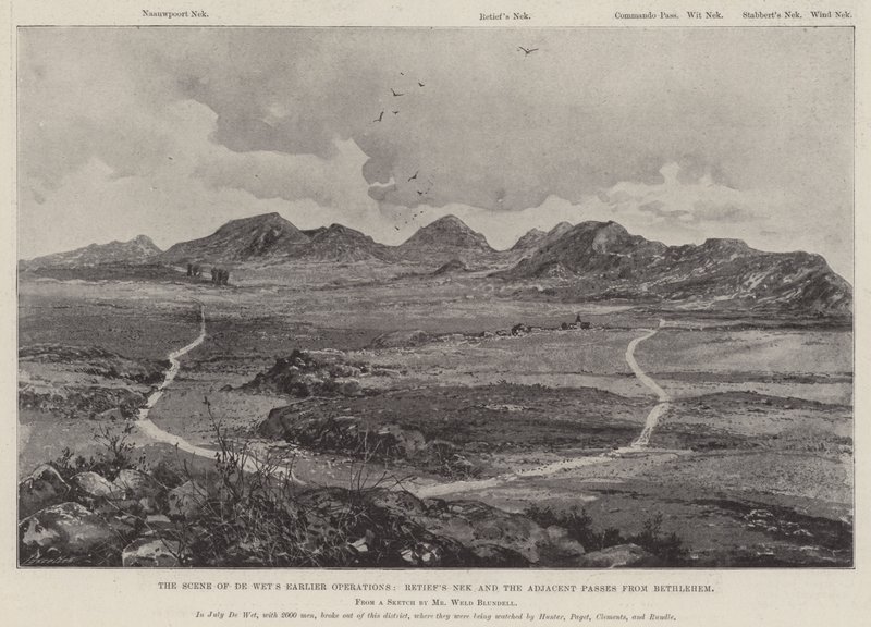 De scène van De Wets eerdere operaties, Retiefs Nek en de aangrenzende passen van Bethlehem door English Photographer