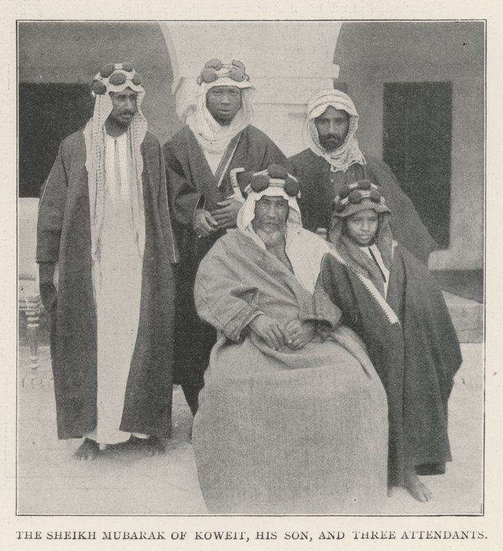 De sjeik Mubarak van Koeweit, zijn zoon en drie bedienden door English Photographer