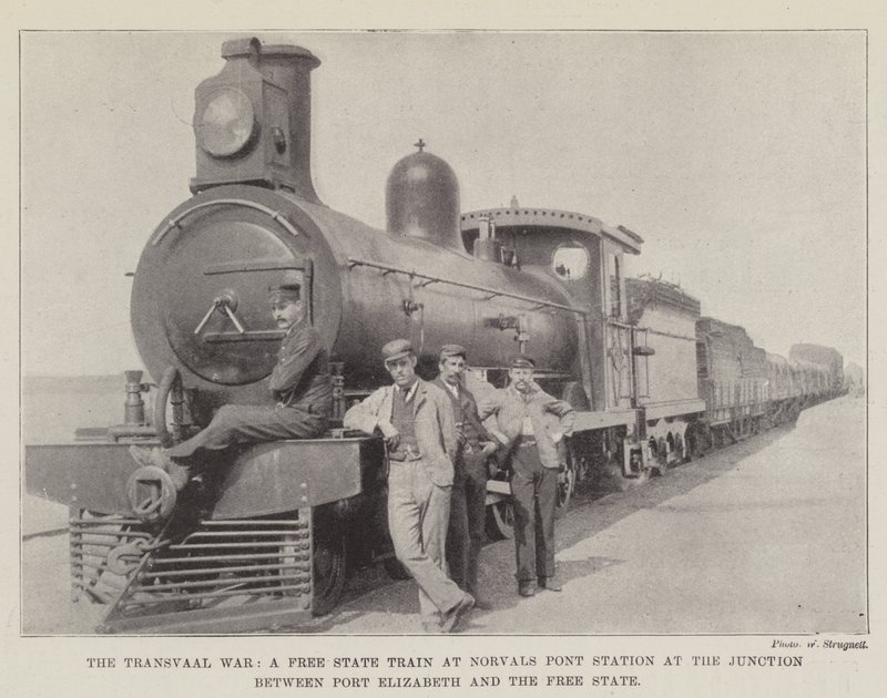 De Transvaalse Oorlog, een Vrijstaat Trein op Norvals Pont Station bij de Kruising tussen Port Elizabeth en de Vrijstaat door English Photographer