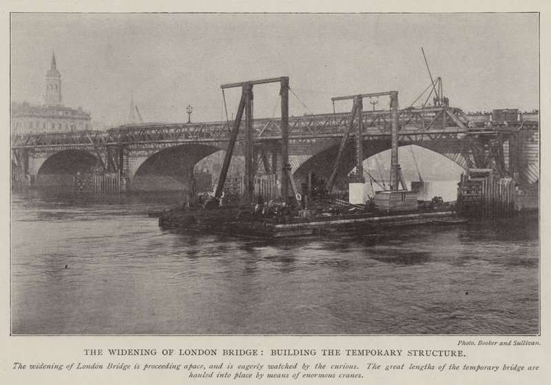 De verbreding van de London Bridge, de bouw van de tijdelijke structuur door English Photographer