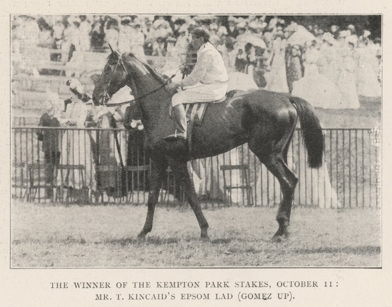 De winnaar van de Kempton Park Stakes, 11 oktober, Mr T Kincaids Epsom Lad (Gomez op) door English Photographer