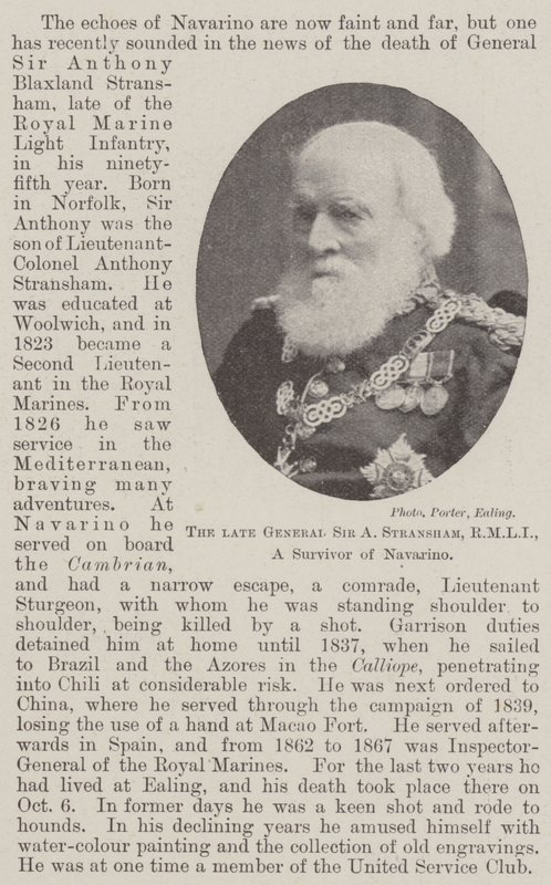 De overleden generaal Sir A Stransham, RMLI, een overlevende van Navarino door English Photographer