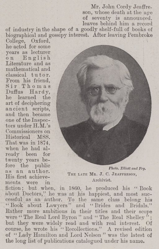 De overleden Mr J C Jeaffreson, Archivaris door English Photographer