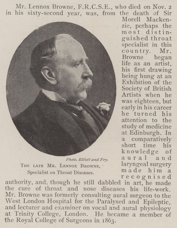 De overleden Mr Lennox Browne, specialist in keelziekten door English Photographer