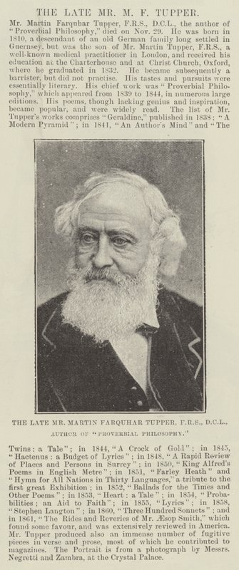 De wijlen de heer Martin Farquhar Tupper, FRS, DCL, auteur van Proverbial Philosophy door English Photographer