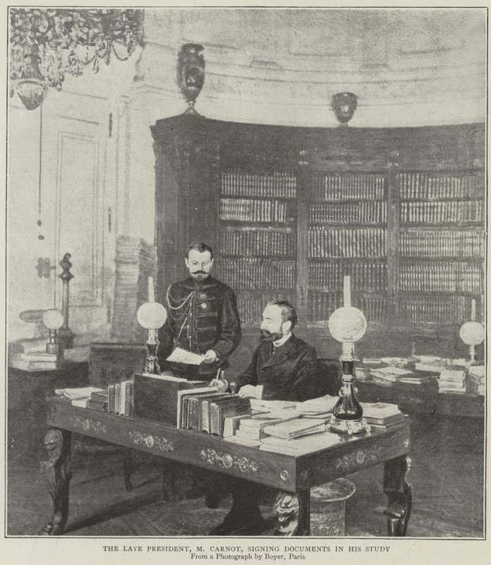 De overleden president, Mr Carnot, ondertekent documenten in zijn studeerkamer door English Photographer