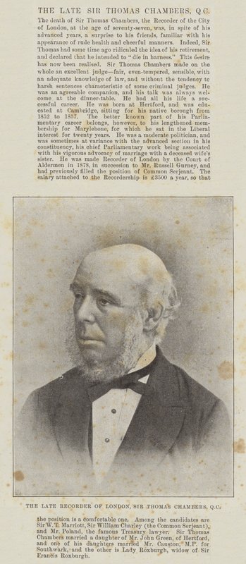 De overleden Recorder van Londen, Sir Thomas Chambers, QC door English Photographer