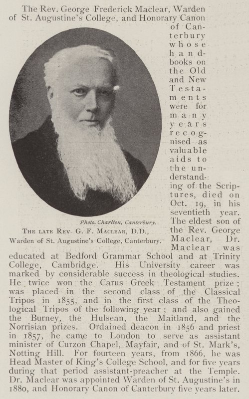 De overleden eerwaarde G F Maclear, DD, warden van St Augustines College, Canterbury door English Photographer