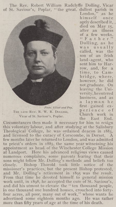 De overleden dominee R W R Dolling, pastoor van St Saviours, Poplar door English Photographer