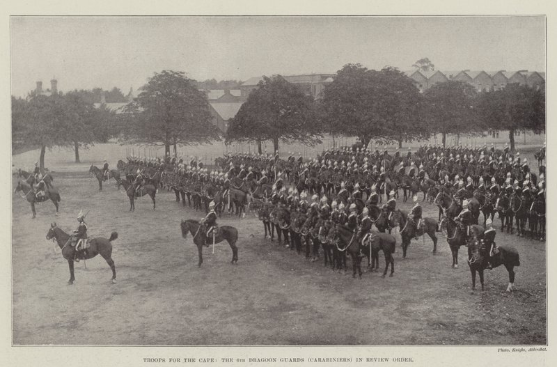 Troepen voor de Kaap, de 6e Dragoon Guards (Carabiniers) in review order door English Photographer