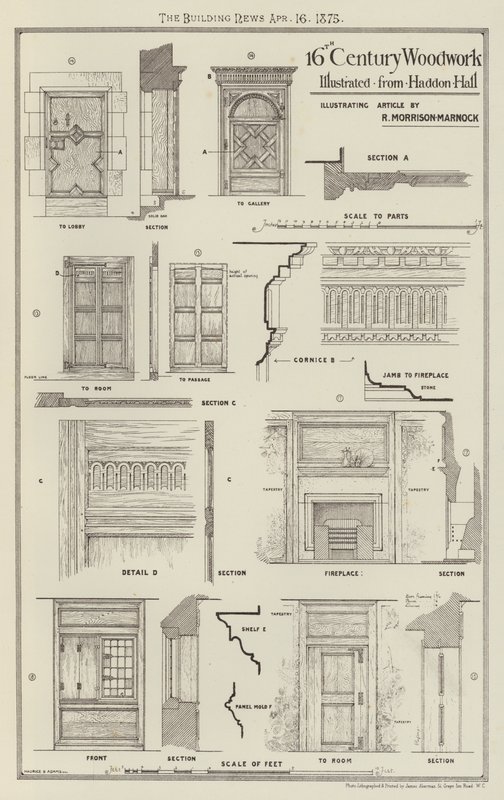Houtsnijwerk uit de 16e eeuw, geïllustreerd vanuit Haddon Hall door English School